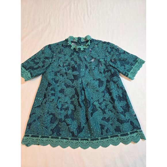 HD In Paris Teal Peacock lace Meadow Short Sleeve Top Scalloped Hem Size 0 - Picture 3 of 13